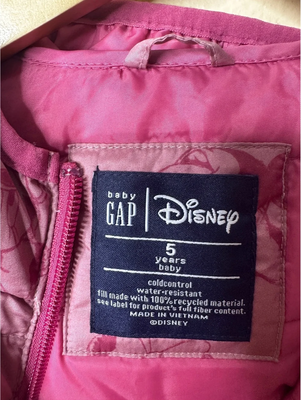 Baby Gap Disney Girls Size 5 Puffer Jacket Pink Minnie Mouse Hooded Full Zip